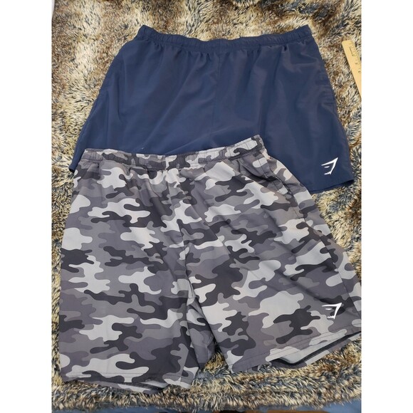 2 Gymshark Arrival Shorts Mens Size 3XL Gray Black Camo & Blue Workout Shorts - Picture 1 of 15